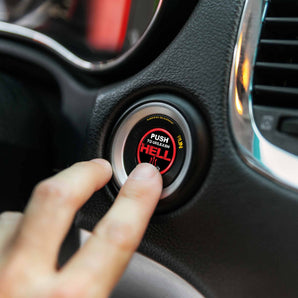 Start Button Cover - Push To Unleash HELL - Fits keyless ignition on Jeep Hellcat RAM Charger Dodge Challenger and more - Moto Badge